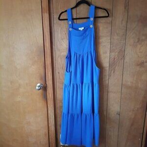 ODDY Blue Tiered midi Pinafore Jumper Dress Button Strap NWT Size M